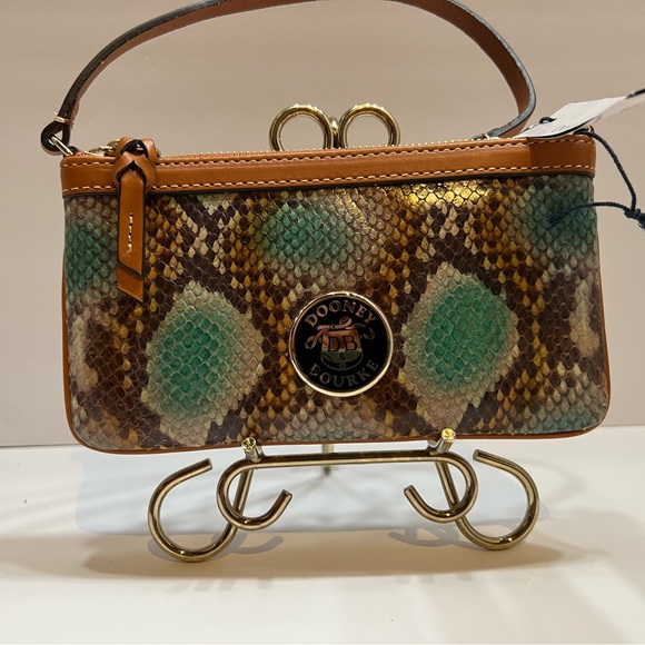 Dooney & Bourke Handbags - Dooney & Bourke Tan and Green Snake Print Clutch